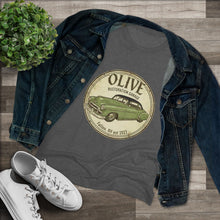 Load image into Gallery viewer, Vintage Olive Rustoration Garage Women's Tee — Classic Green Car Logo