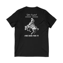 Load image into Gallery viewer, Tyler Crystal riding Bronc (print on back) Unisex Jersey Short Sleeve V-Neck Tee.