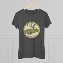 Load image into Gallery viewer, Vintage Olive Rustoration Garage Women's Tee — Classic Green Car Logo