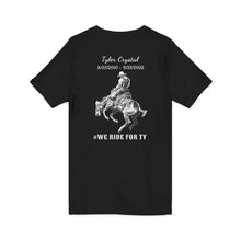 Load image into Gallery viewer, Tyler Crystal riding Bronc (print on back) Unisex Jersey Short Sleeve V-Neck Tee.