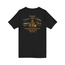 Load image into Gallery viewer, Ladies Cars & Coffee V-Neck Tee - Rustoration Garage Logo (print on back)