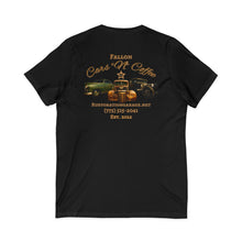 Load image into Gallery viewer, Ladies Cars & Coffee V-Neck Tee - Rustoration Garage Logo (print on back)