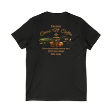 Load image into Gallery viewer, Ladies Cars & Coffee V-Neck Tee - Rustoration Garage Logo (print on back)