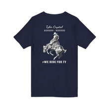 Load image into Gallery viewer, Tyler Crystal riding Bronc (print on back) Unisex Jersey Short Sleeve V-Neck Tee.
