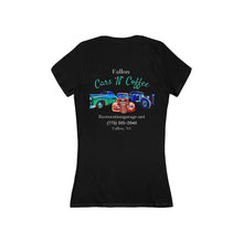 Load image into Gallery viewer, Women's Jersey short sleeve deep V neck Fallon Cars "N" Coffee (print on back)