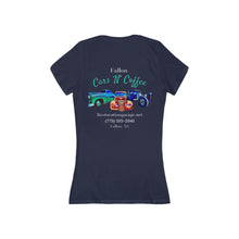 Load image into Gallery viewer, Women's Jersey short sleeve deep V neck Fallon Cars "N" Coffee (print on back)