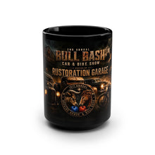 Load image into Gallery viewer, Bull Bash Car &amp; Bike Show Black Mug — 15oz Restoration Garage Coffee Cup
