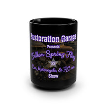 Load image into Gallery viewer, Rustoration Garage 'Fallon Spring Fling' 15oz Black Mug — Car, Motorcycle &amp; RC Car Show Souvenir
