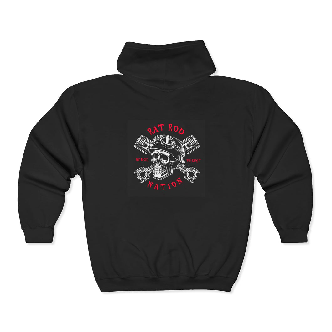 Rat Rod Nation Skull - Full Zip Hooded Sweatshirt - Black Logo On Back