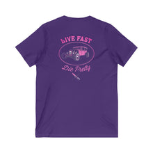 Load image into Gallery viewer, Women&#39;s Live Fast Die Pretty (print on back) Jersey V-neck tee
