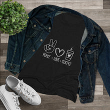Load image into Gallery viewer, Women&#39;s Peace, Love, Coffee Triblend Tee
