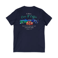 Load image into Gallery viewer, Women&#39;s Fallon Cars N Coffee (print on back) Jersey V-neck tee

