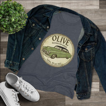Load image into Gallery viewer, Vintage Olive Rustoration Garage Women's Tee — Classic Green Car Logo
