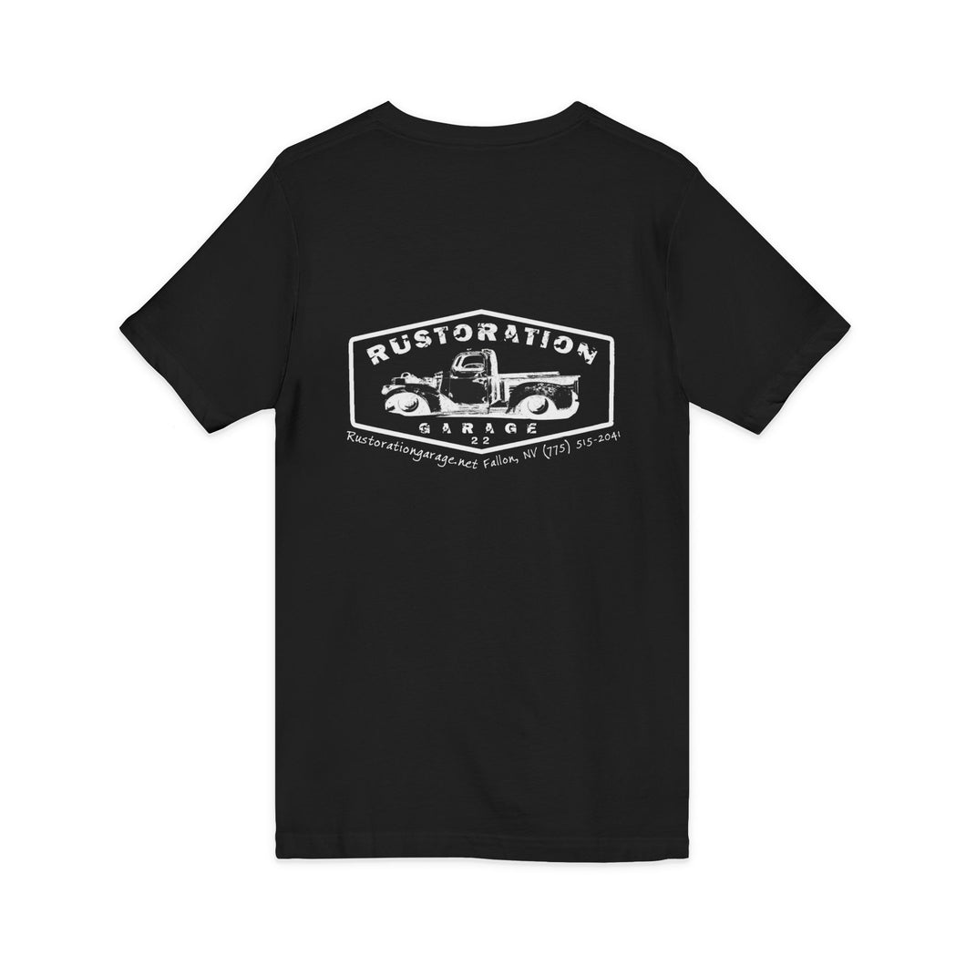 Women's Jersey short sleeve V-neck Rustoration Garage on back