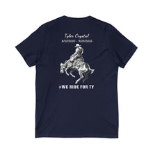 Load image into Gallery viewer, Tyler Crystal riding Bronc (print on back) Unisex Jersey Short Sleeve V-Neck Tee.
