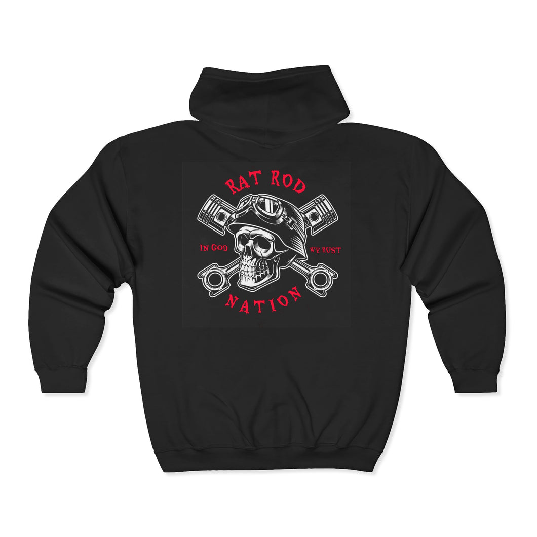 Rat Rod Nation Skull - Full Zip Hooded Sweatshirt - Black Logo On Back