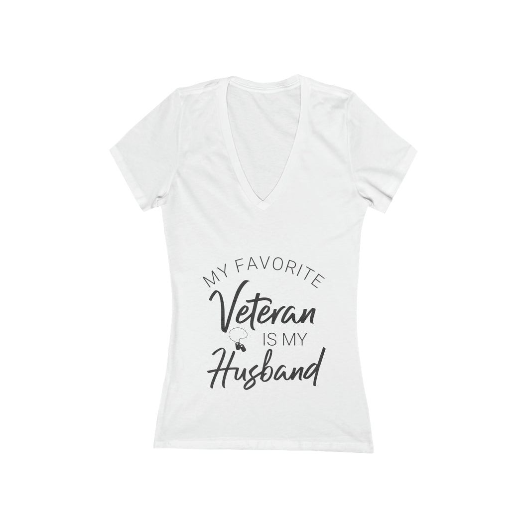 Women's - My favorite Veteran is my Husband - Jersey Short Sleeve Deep V-Neck Tee